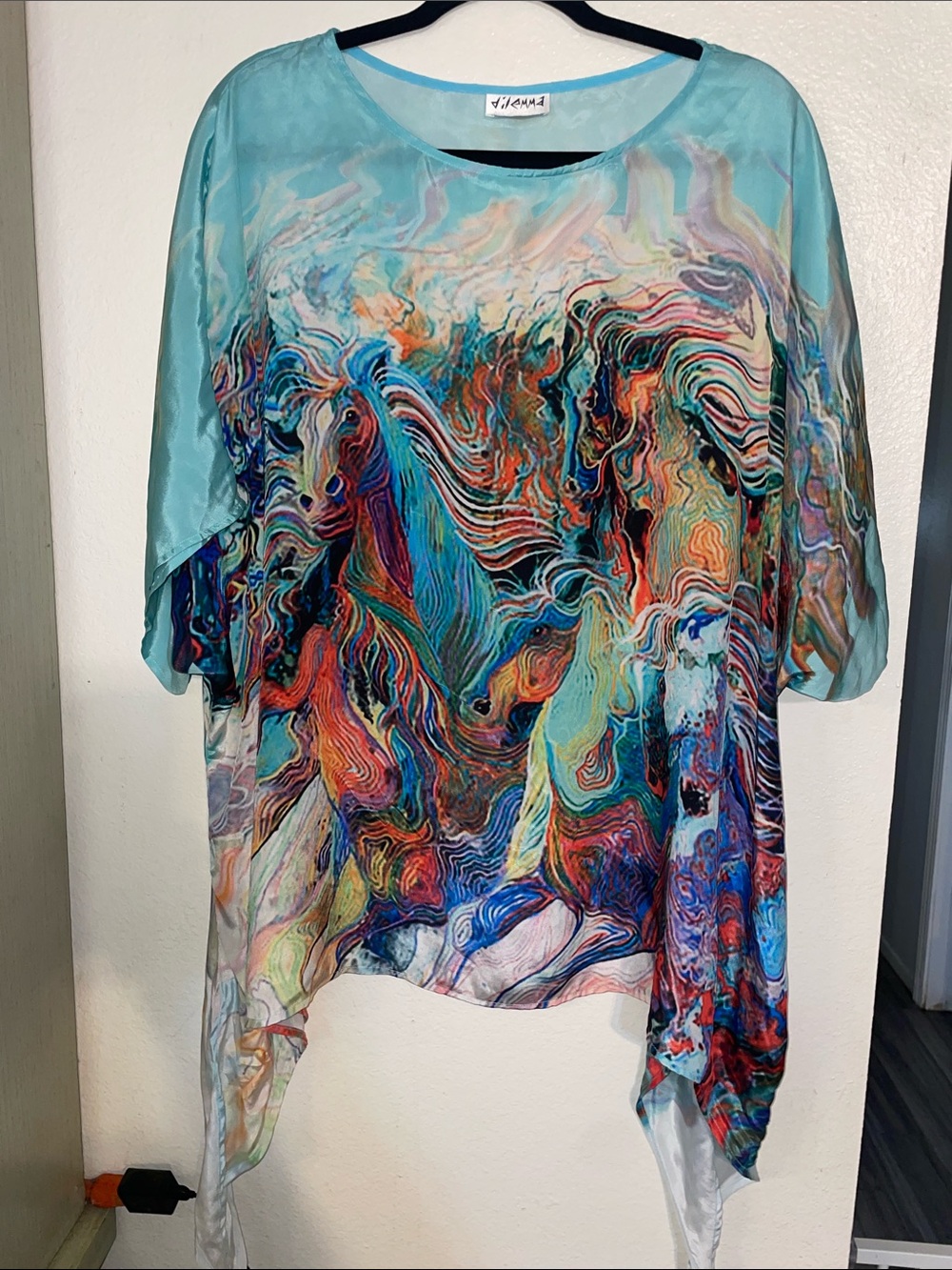 Lightweight Turquoise Multicolor Abstract Silk-Look Tunic by Jayna